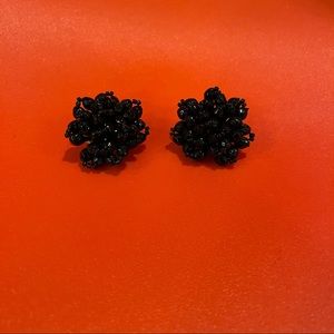 Black Beaded Vintage Clip On Earrings